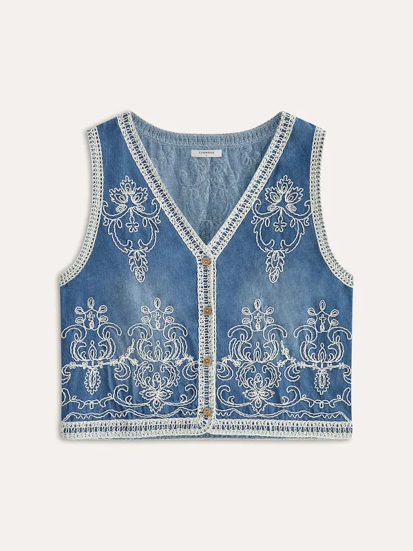 Embroidered Denim Button Vest sold by COMMENSE