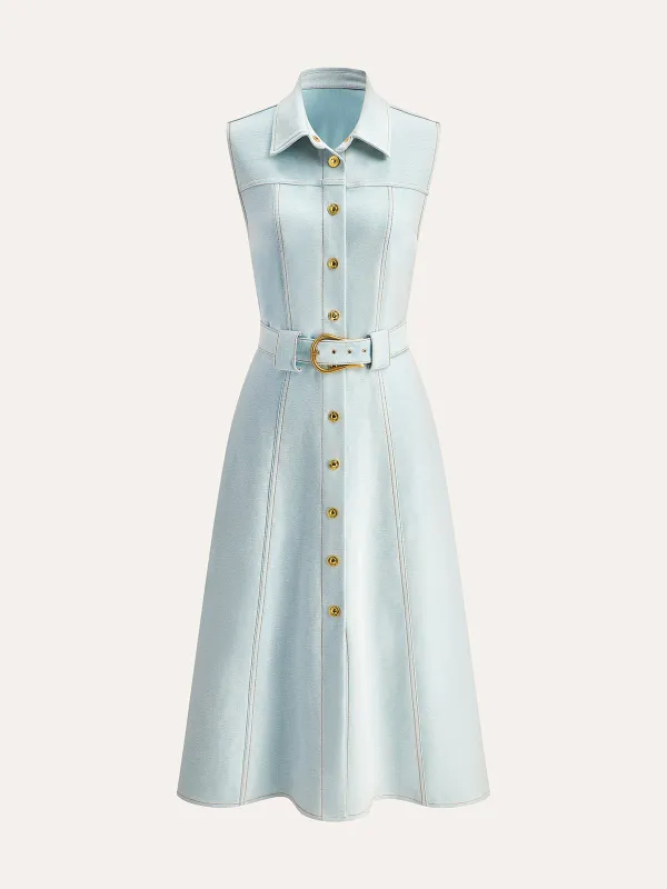 Belted Button-Front Denim Dress sold by COMMENSE