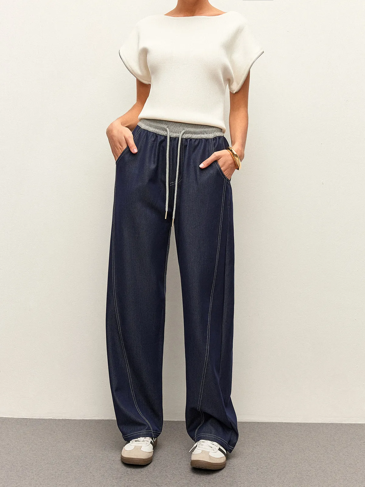 High-Waist Drawstring Denim Pants With Pockets sold by COMMENSE product image thumbnail 3