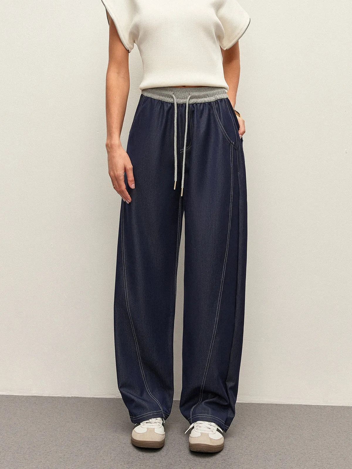 High-Waist Drawstring Denim Pants With Pockets sold by COMMENSE