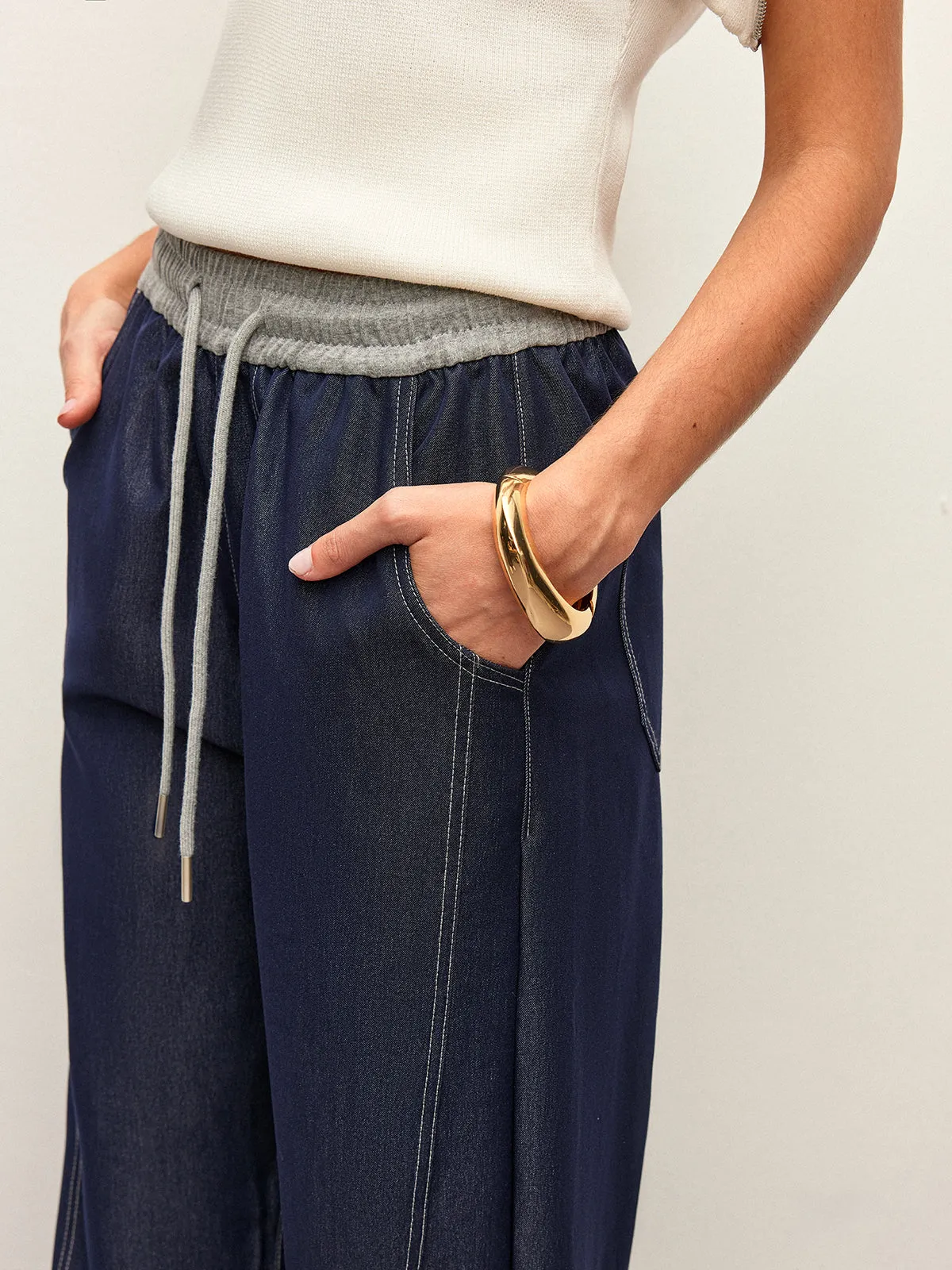 High-Waist Drawstring Denim Pants With Pockets sold by COMMENSE product image thumbnail 5