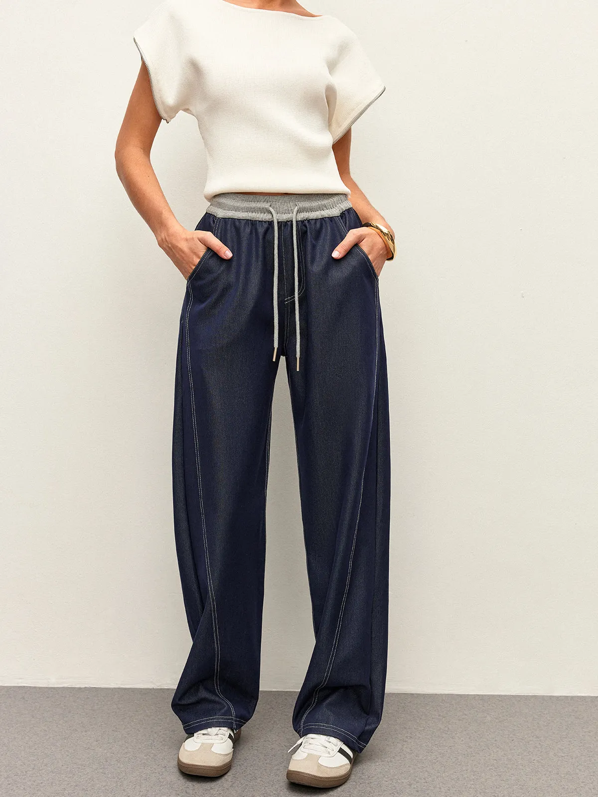 High-Waist Drawstring Denim Pants With Pockets sold by COMMENSE product image thumbnail 4