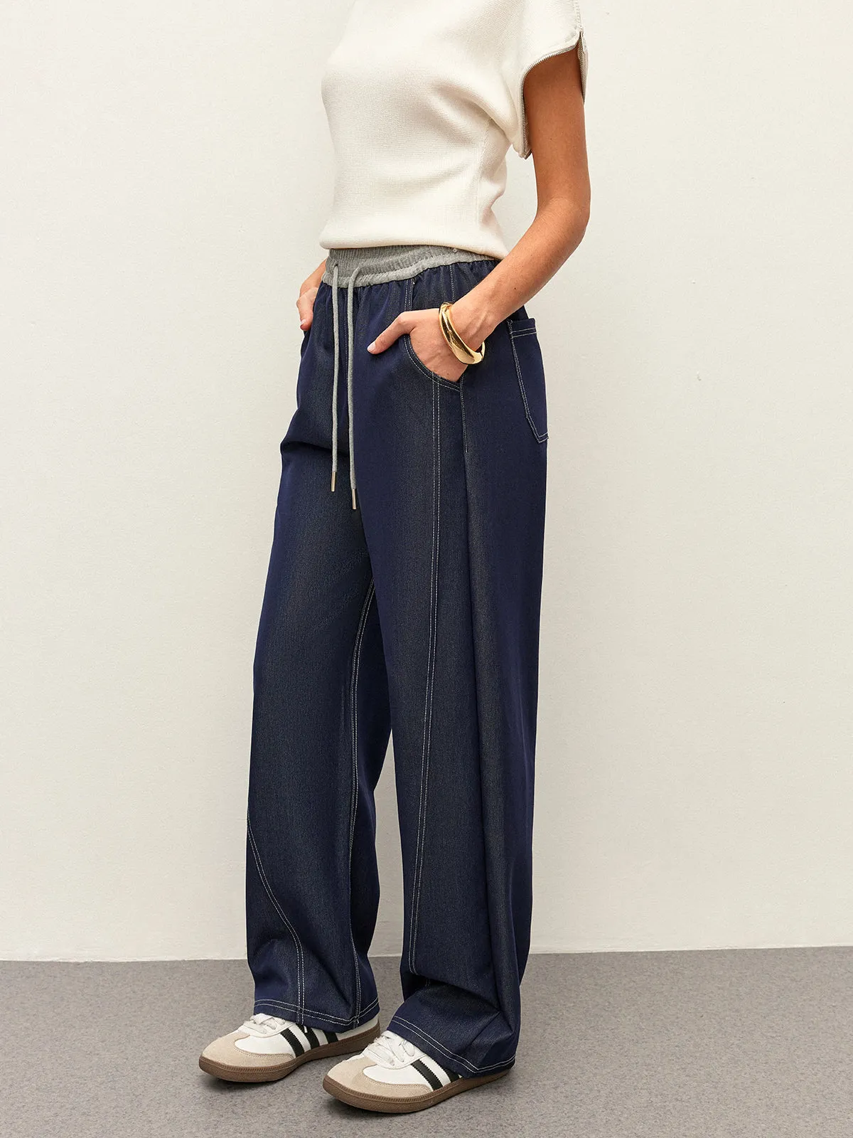 High-Waist Drawstring Denim Pants With Pockets sold by COMMENSE product image thumbnail 2