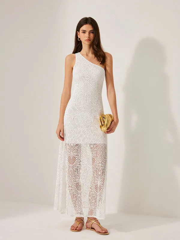 Semi-Sheer Lace One-Shoulder Dress sold by COMMENSE