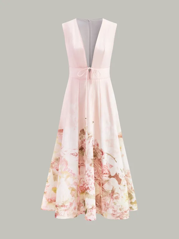 V-Neck Floral Tie Waist Dress sold by COMMENSE