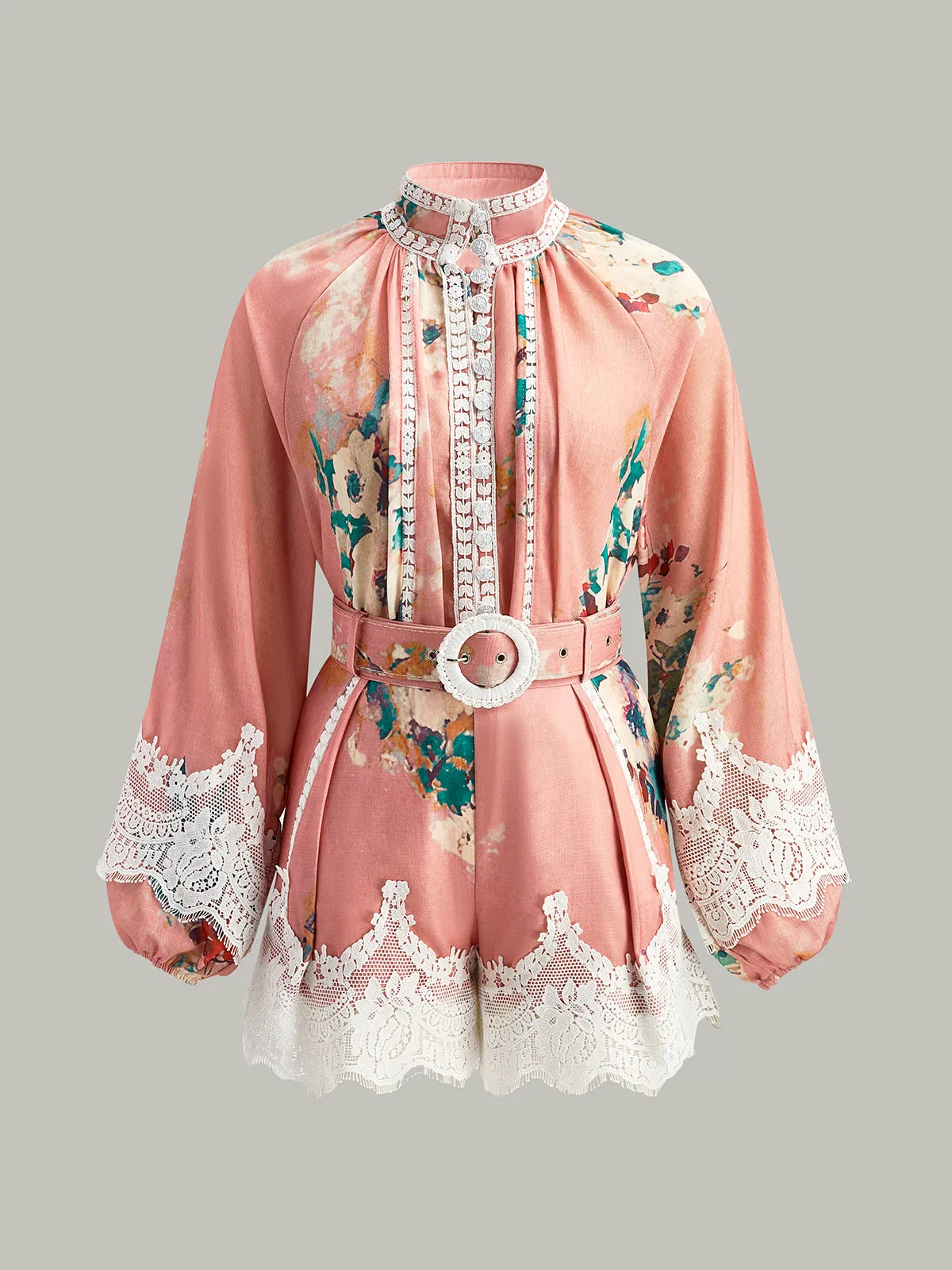 Lace Detail Floral Print Belted Shorts Set sold by COMMENSE