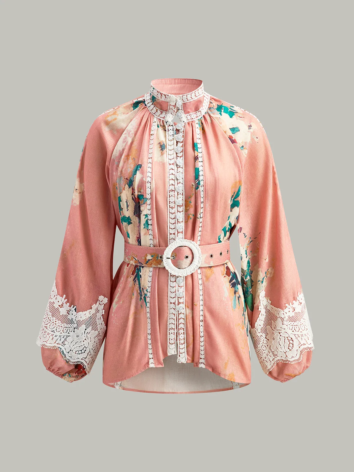 Lace Detail Floral Print Belted Shorts Set sold by COMMENSE product image thumbnail 2