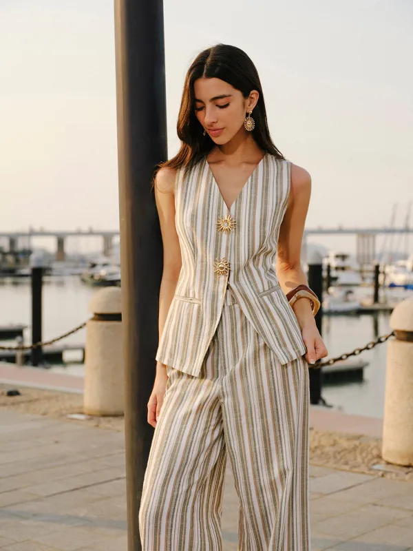 Linen & Cotton Metal Detail V- Neck Striped Vest sold by COMMENSE