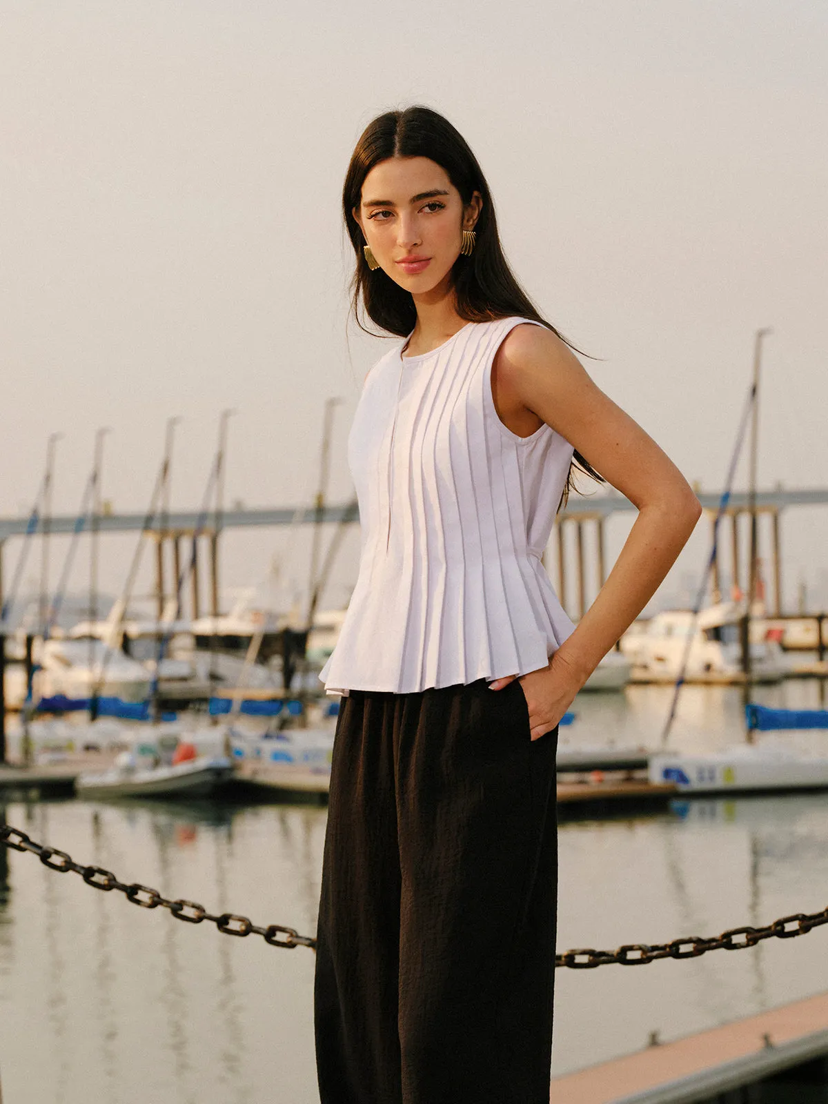 Cotton & Linen Pleated Back Tie Top sold by COMMENSE