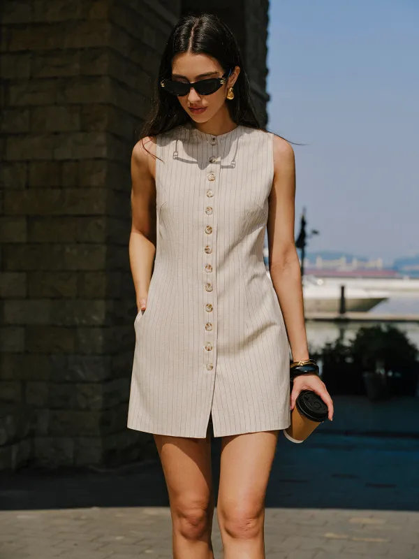 Linen Blend Button-Front Dress With Pockets sold by COMMENSE