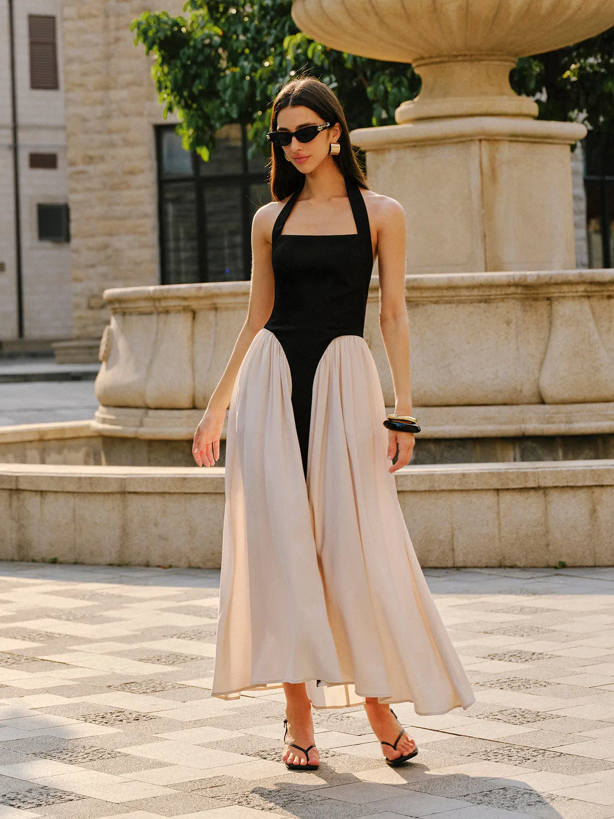 Color Block Halter Neck Linen Blend Dress sold by COMMENSE