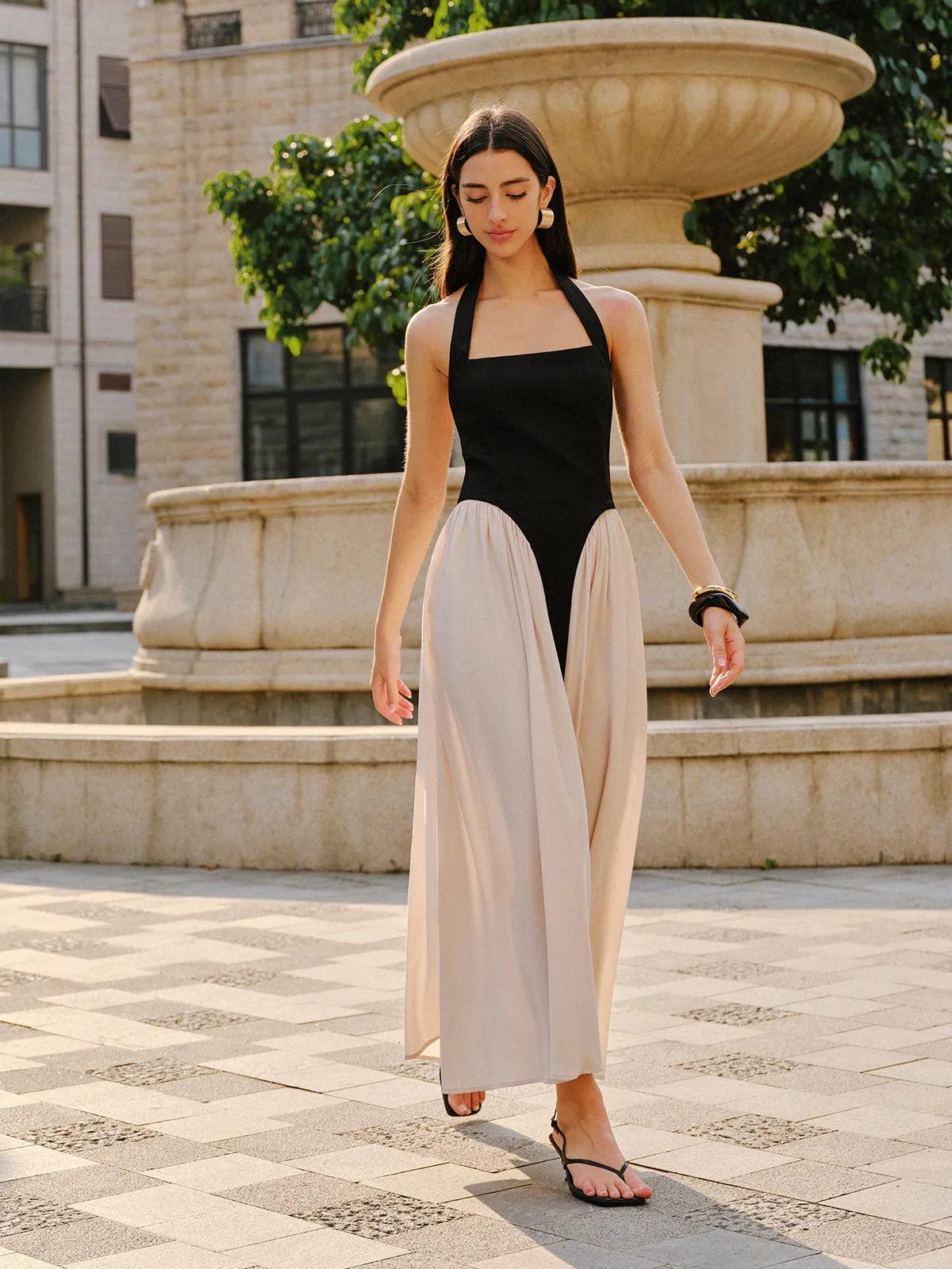 Color Block Halter Neck Linen Blend Dress sold by COMMENSE product image thumbnail 3