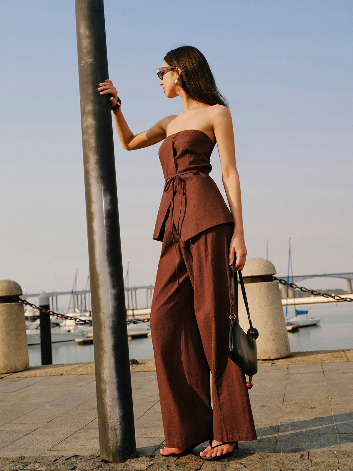 Cotton & Linen Strapless Peplum Top With Tie sold by COMMENSE product image thumbnail 2