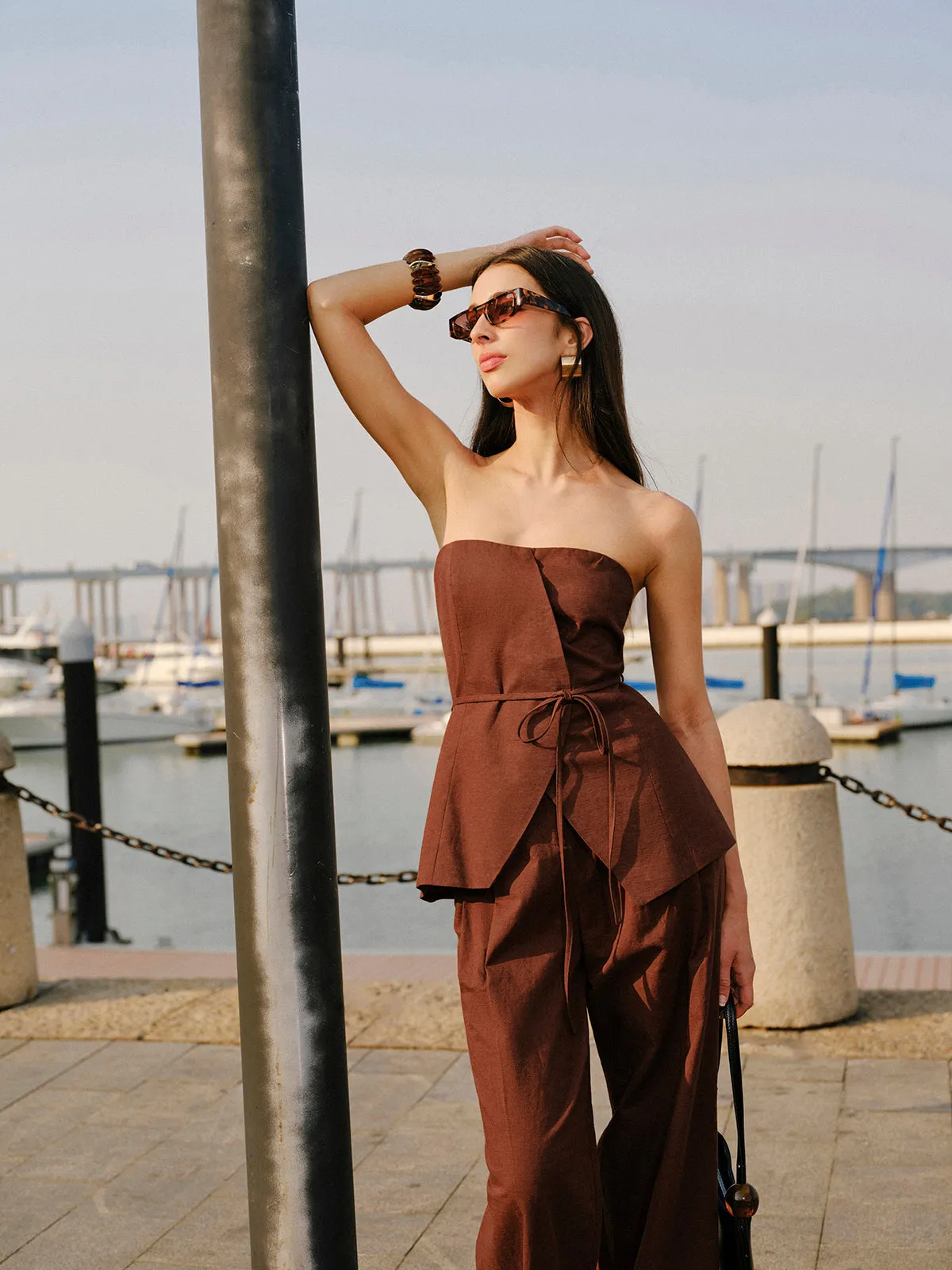 Cotton & Linen Strapless Peplum Top With Tie sold by COMMENSE product image thumbnail 3