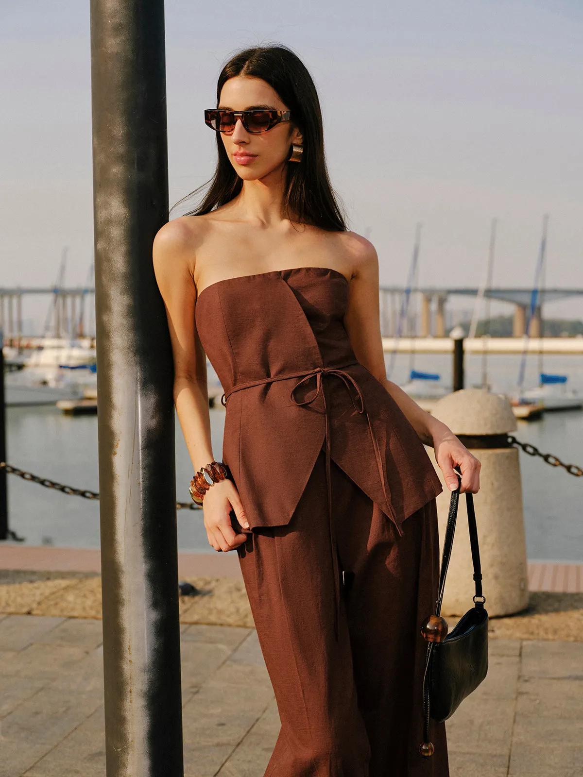 Cotton & Linen Strapless Peplum Top With Tie sold by COMMENSE
