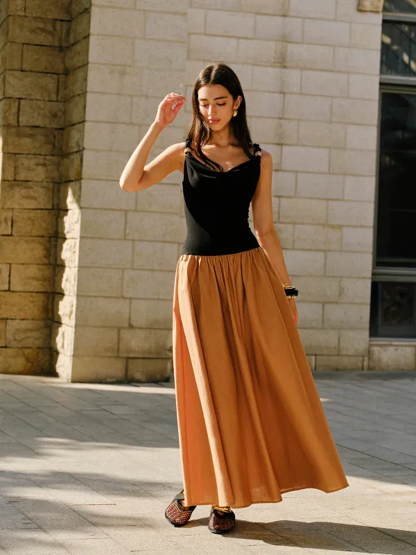 Linen & Cotton Panel Cowl Neck Metal Detail Sleeveless Dress sold by COMMENSE