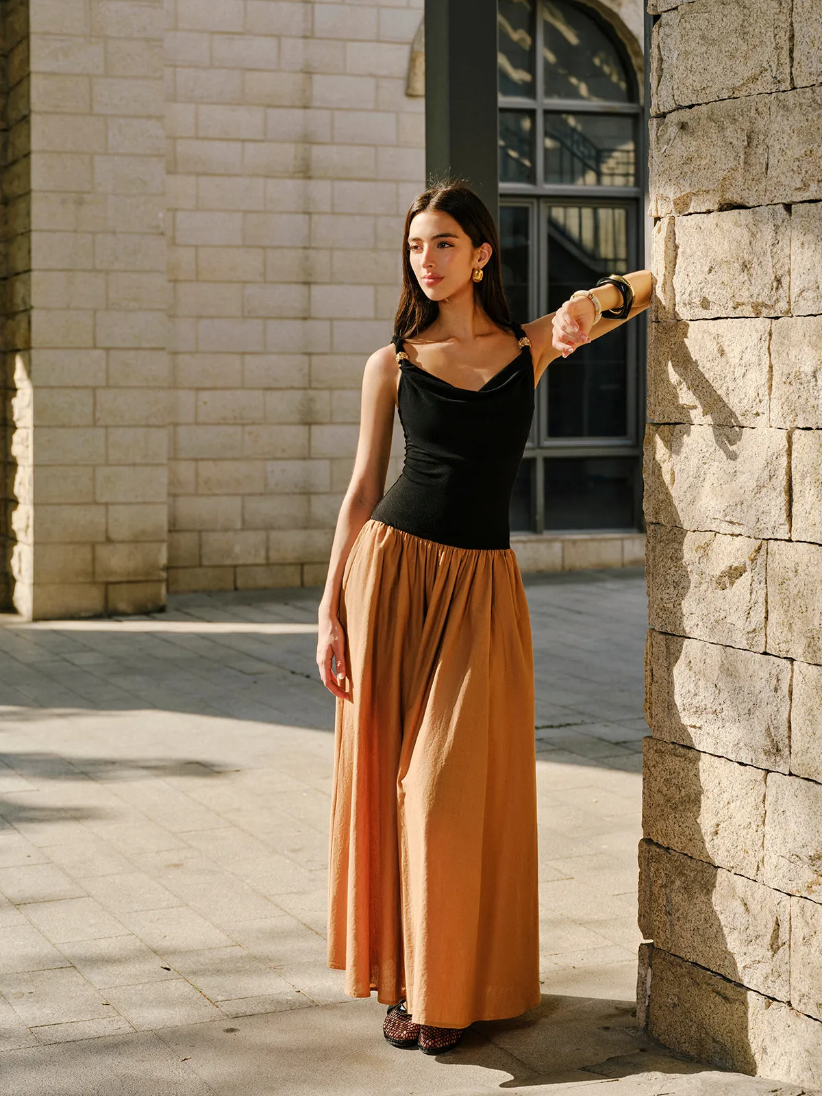 Linen & Cotton Panel Cowl Neck Metal Detail Sleeveless Dress sold by COMMENSE product image thumbnail 2