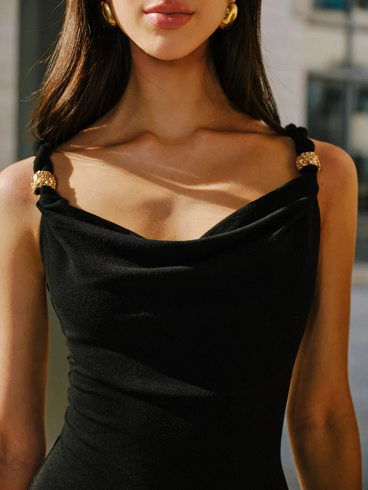 Linen & Cotton Panel Cowl Neck Metal Detail Sleeveless Dress sold by COMMENSE product image thumbnail 3