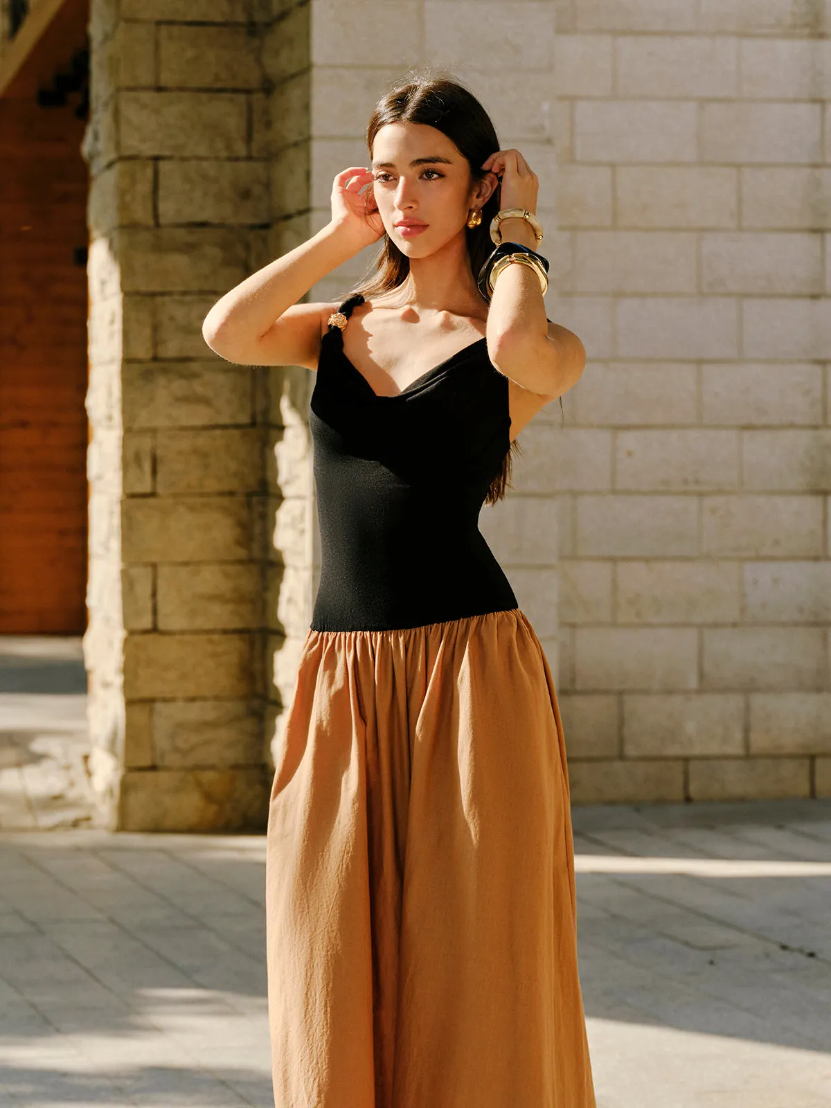 Linen & Cotton Panel Cowl Neck Metal Detail Sleeveless Dress sold by COMMENSE product image thumbnail 5