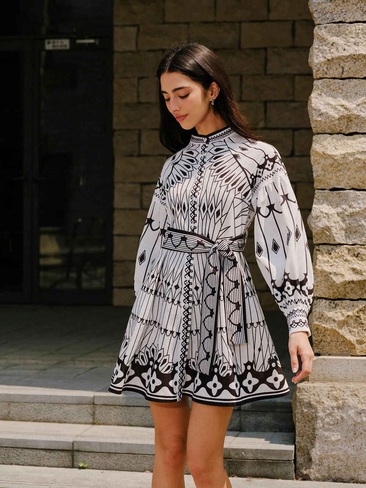 Linen Blend Long Sleeve Belted Dress sold by COMMENSE