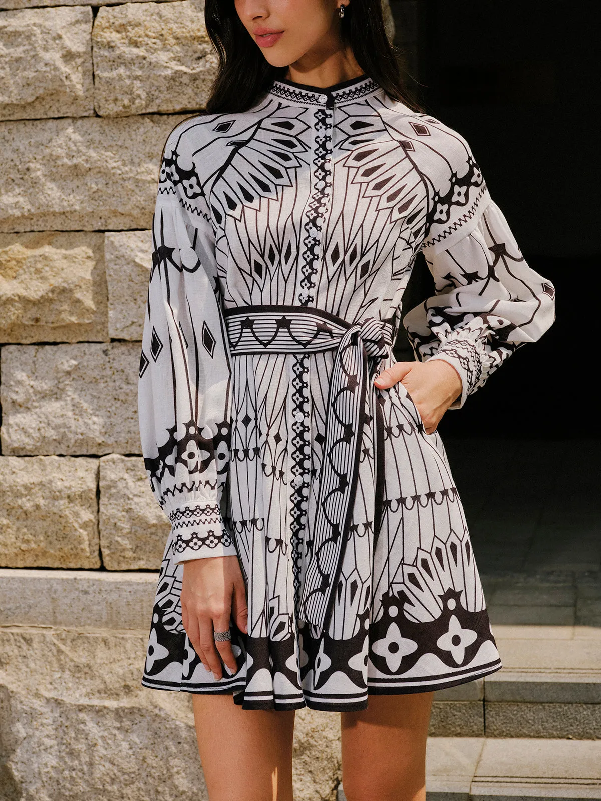 Linen Blend Long Sleeve Belted Dress sold by COMMENSE product image thumbnail 5