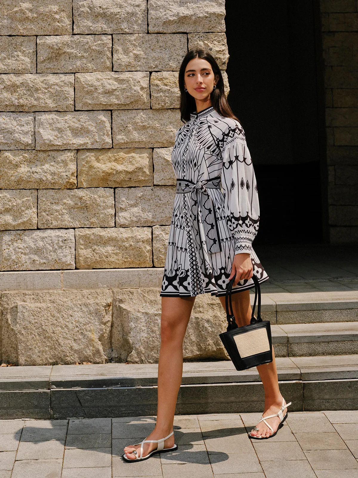 Linen Blend Long Sleeve Belted Dress sold by COMMENSE product image thumbnail 2