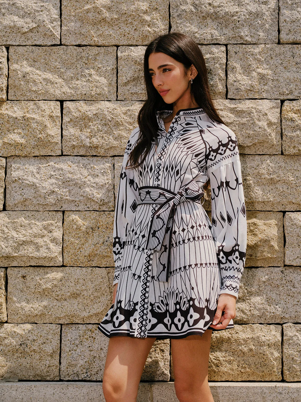 Linen Blend Long Sleeve Belted Dress sold by COMMENSE product image thumbnail 4