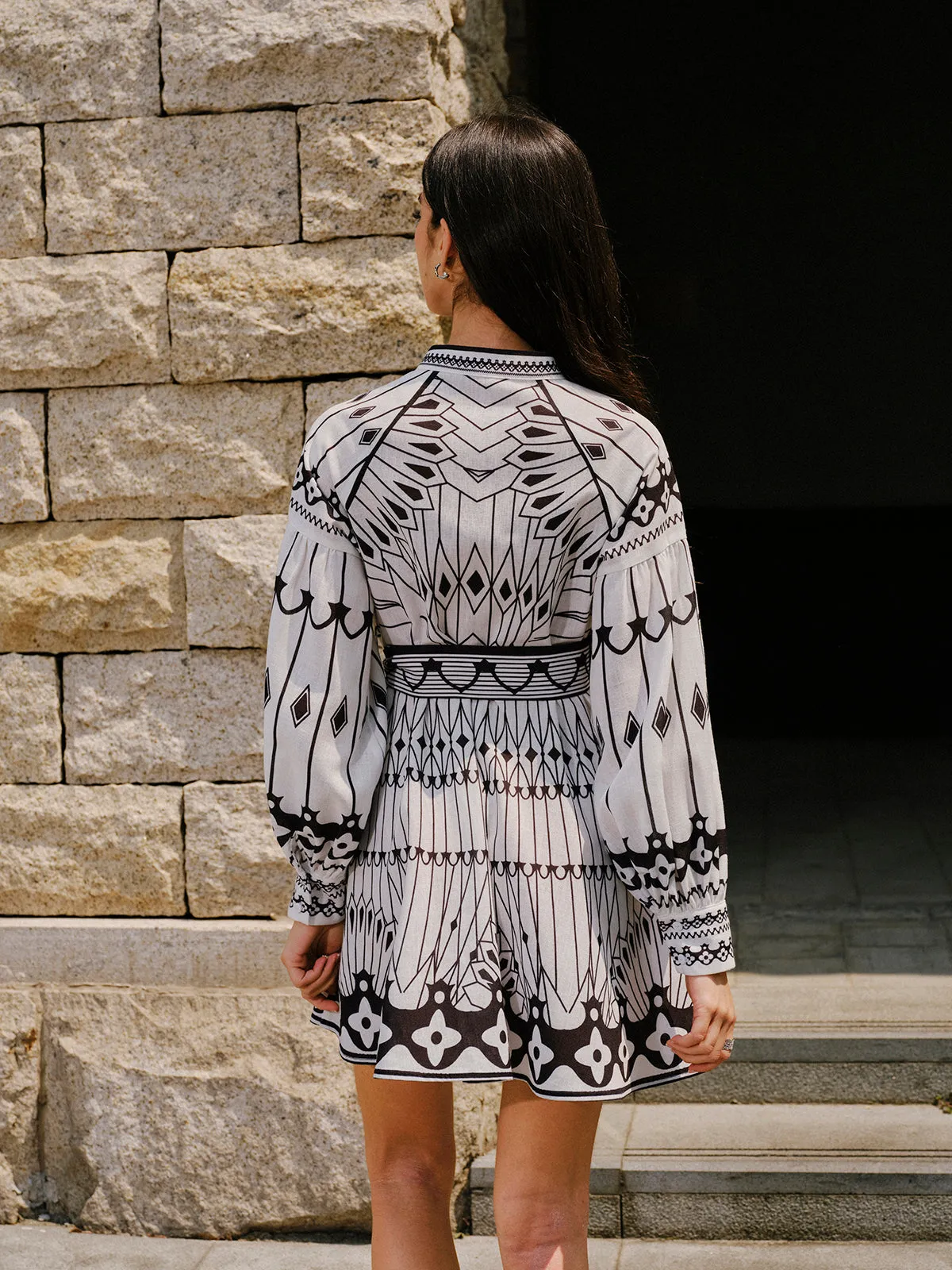 Linen Blend Long Sleeve Belted Dress sold by COMMENSE product image thumbnail 3