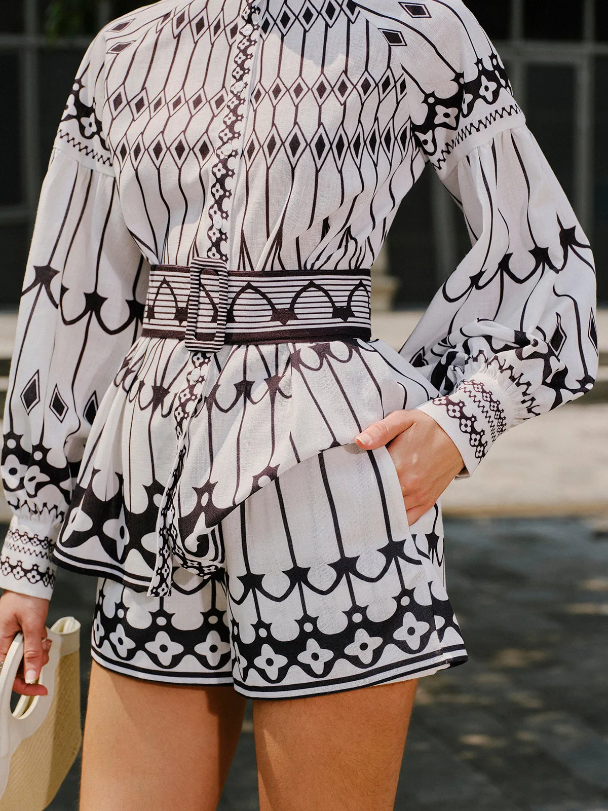 Linen Blend Long Sleeve Belted Shorts Set sold by COMMENSE product image thumbnail 2