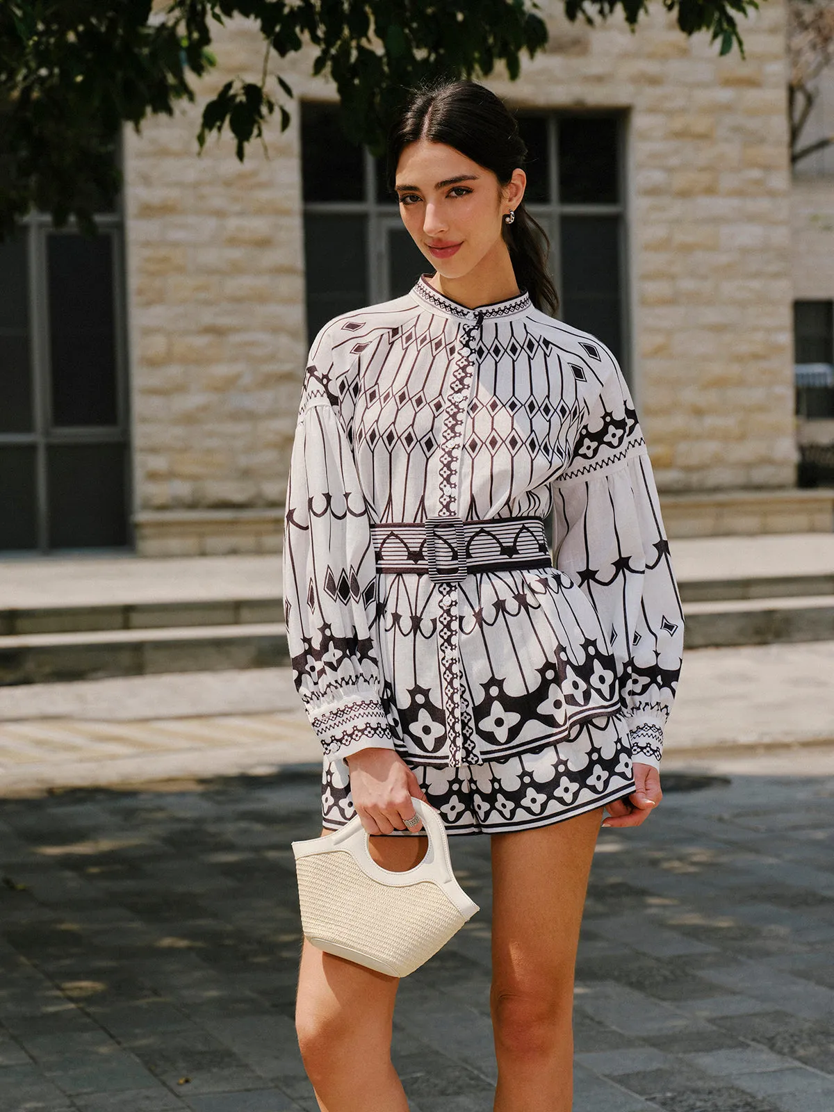 Linen Blend Long Sleeve Belted Shorts Set sold by COMMENSE