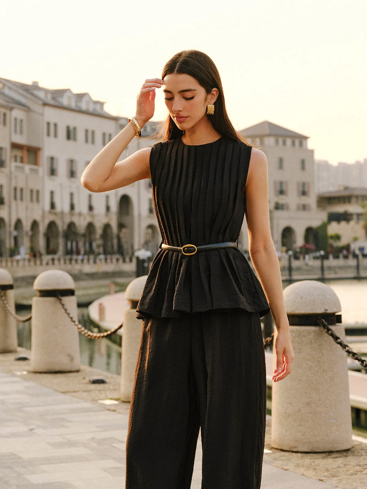 Peplum Top Wide-Leg Pants Set With Belt sold by COMMENSE product image thumbnail 5