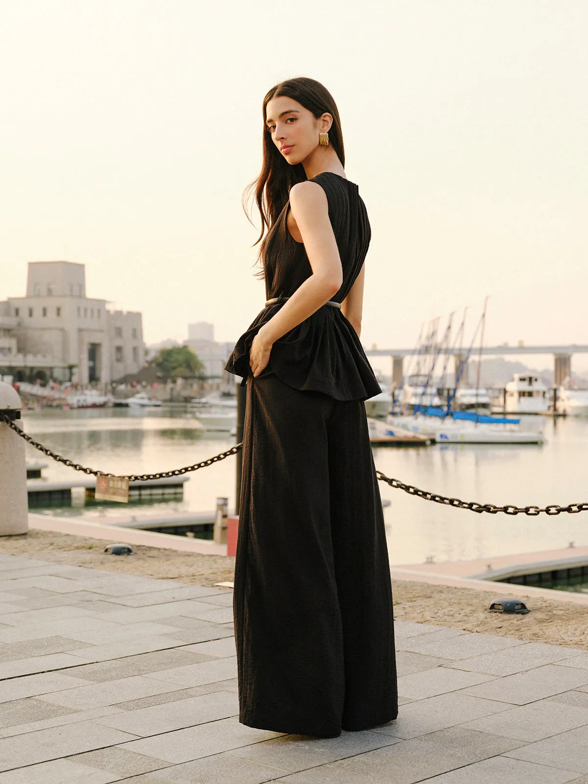 Peplum Top Wide-Leg Pants Set With Belt sold by COMMENSE product image thumbnail 4