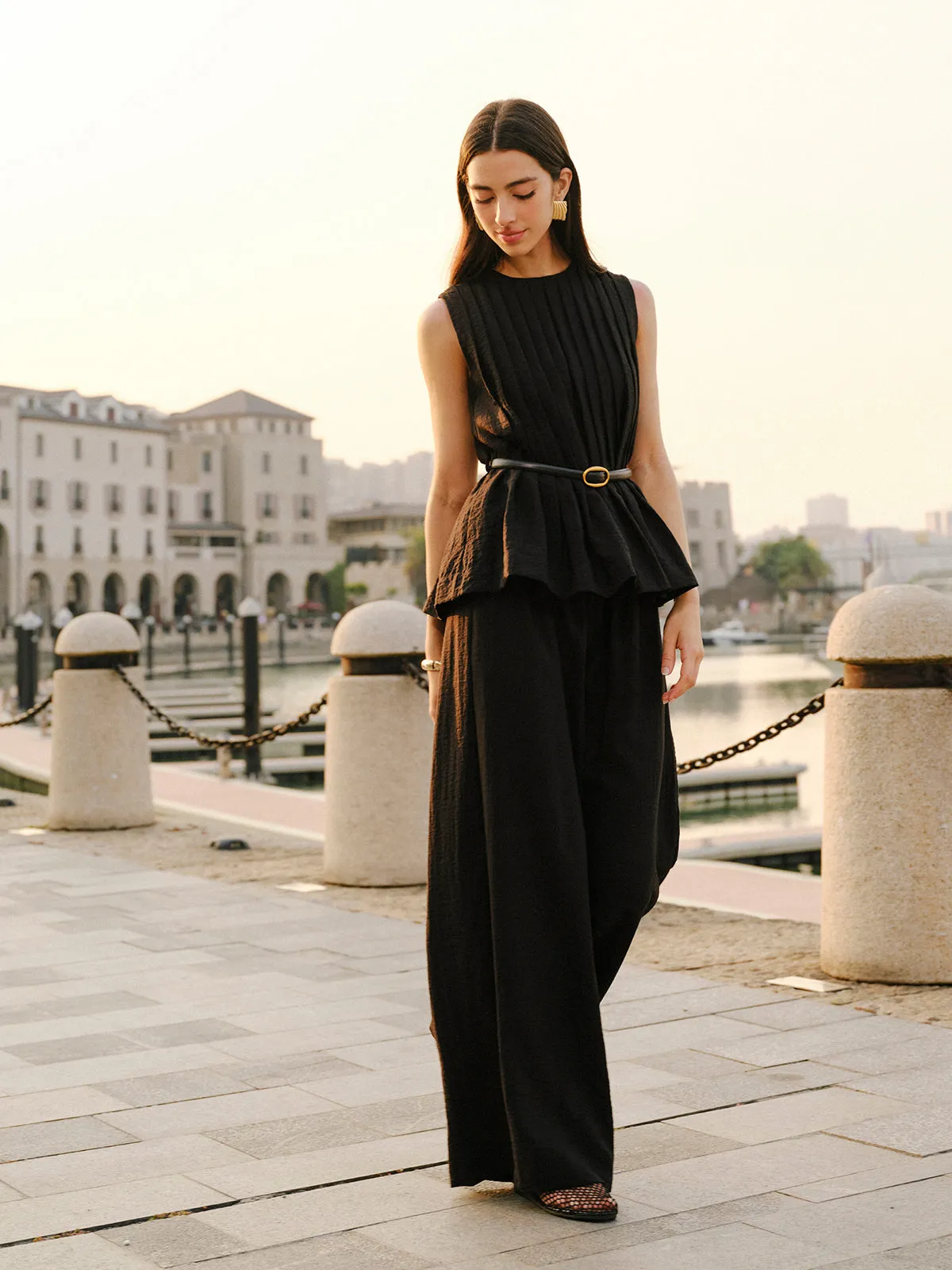 Peplum Top Wide-Leg Pants Set With Belt sold by COMMENSE