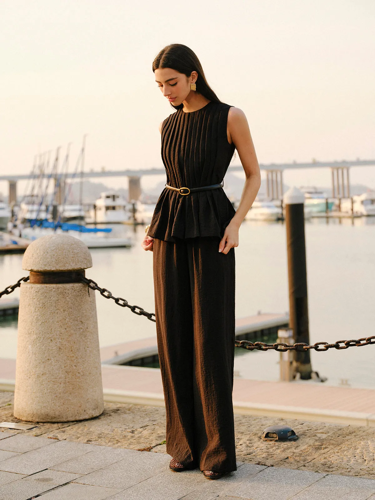 Peplum Top Wide-Leg Pants Set With Belt sold by COMMENSE product image thumbnail 3