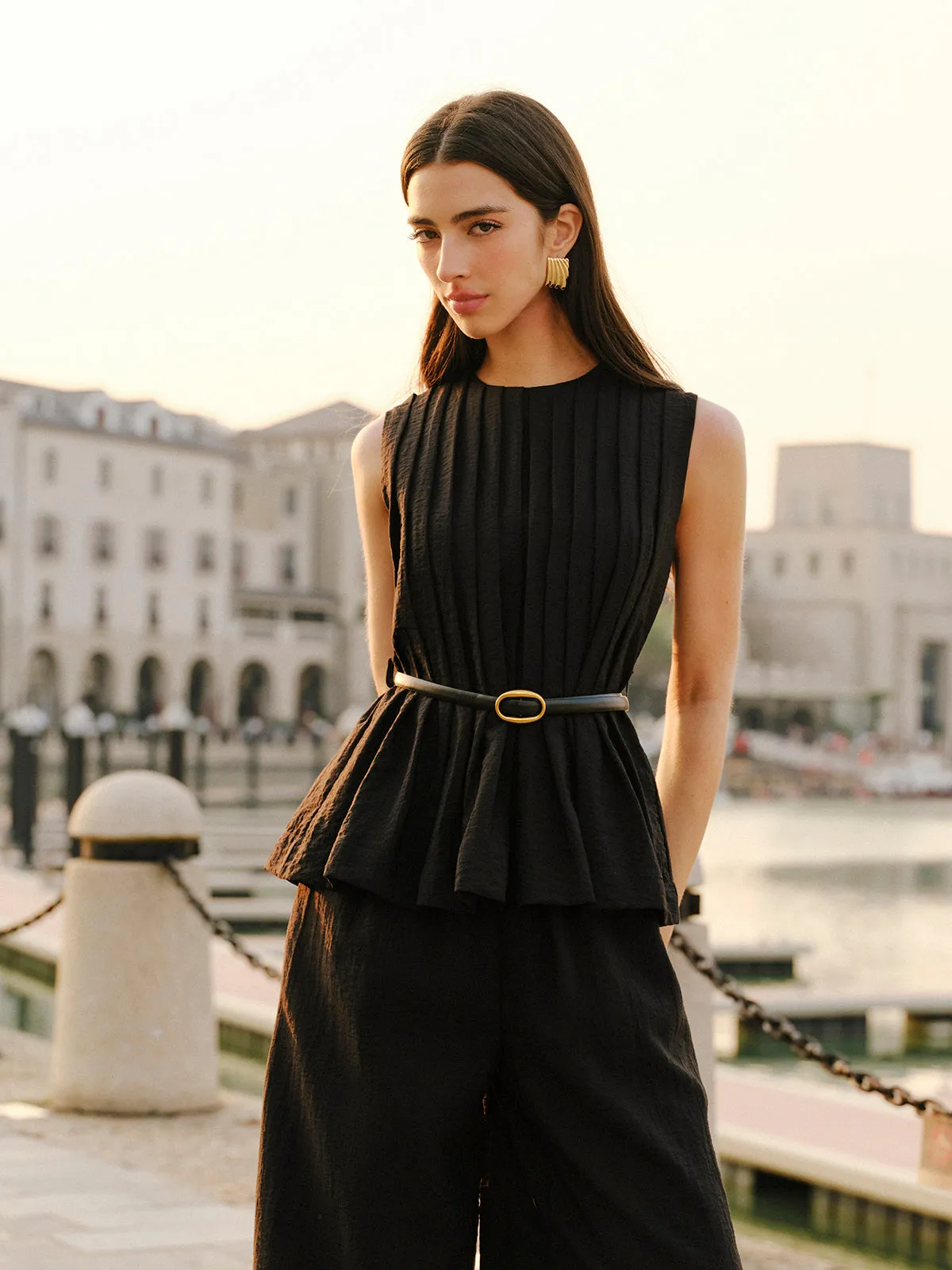 Peplum Top Wide-Leg Pants Set With Belt sold by COMMENSE product image thumbnail 2