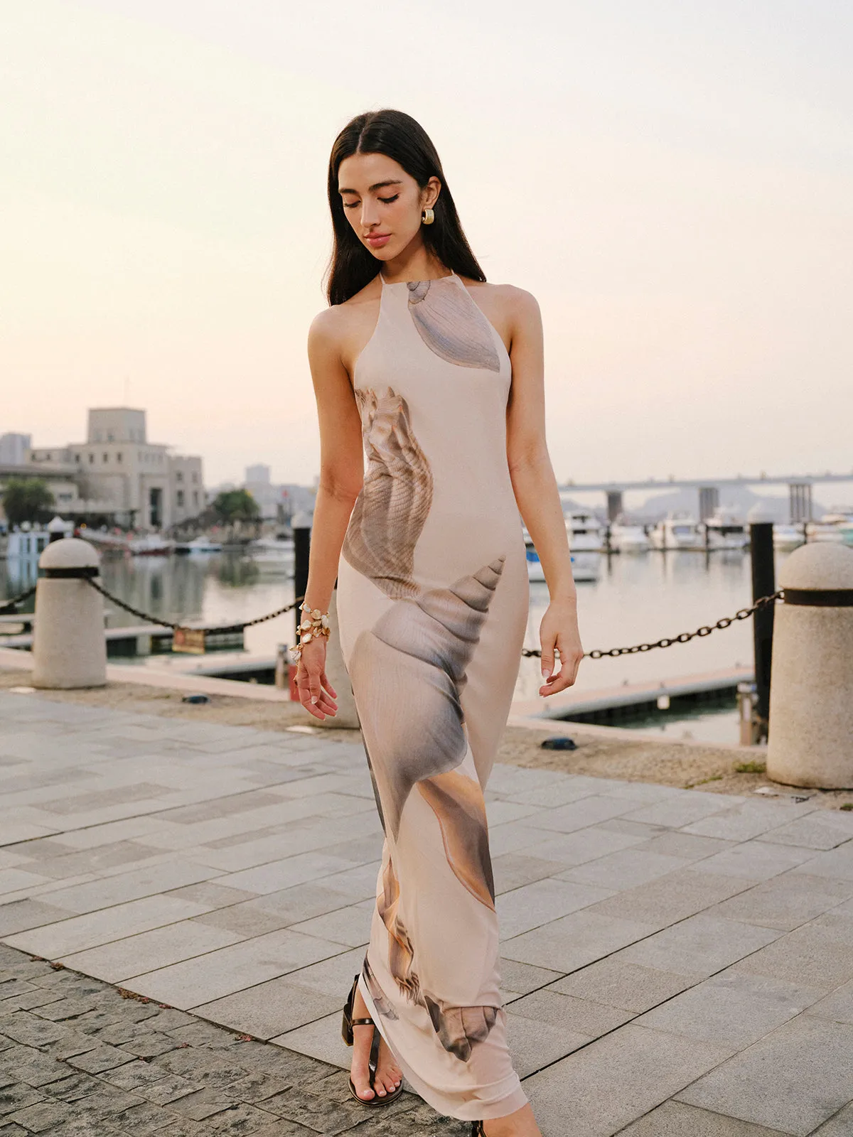 Mesh Halter Neck Backless Dress sold by COMMENSE