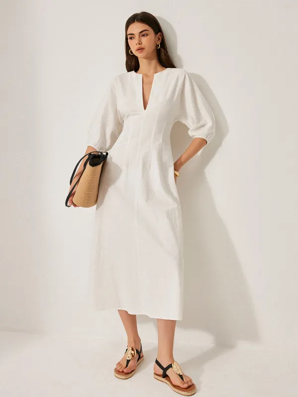 Cotton & Linen Puff Sleeve Dress Without Belt sold by COMMENSE