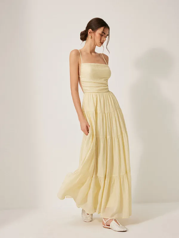 Pleated Backless Tiered Cami Dress sold by COMMENSE