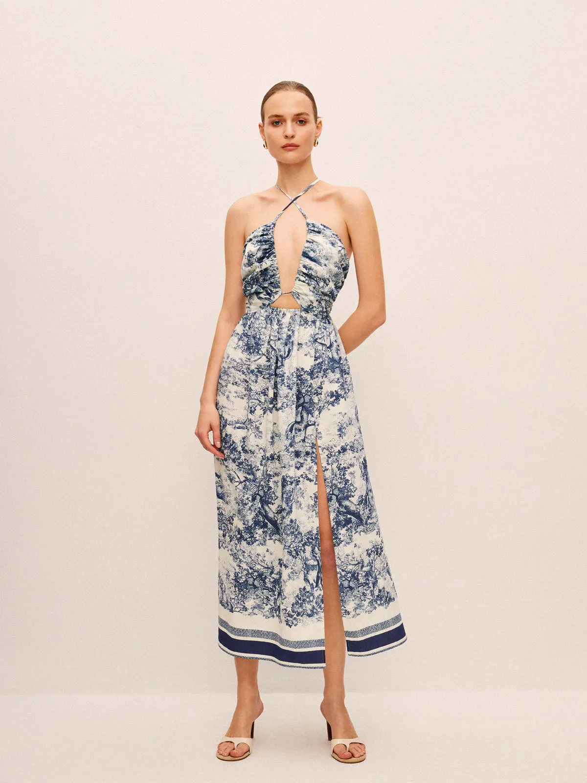 Printed Contrast Trim Knotted Spilt Dress sold by COMMENSE product image thumbnail 4