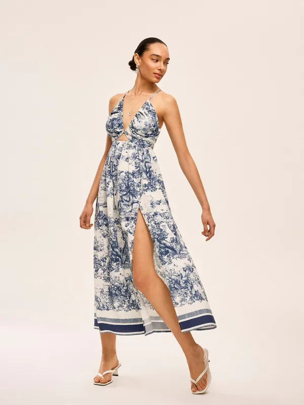 Printed Contrast Trim Knotted Spilt Dress sold by COMMENSE