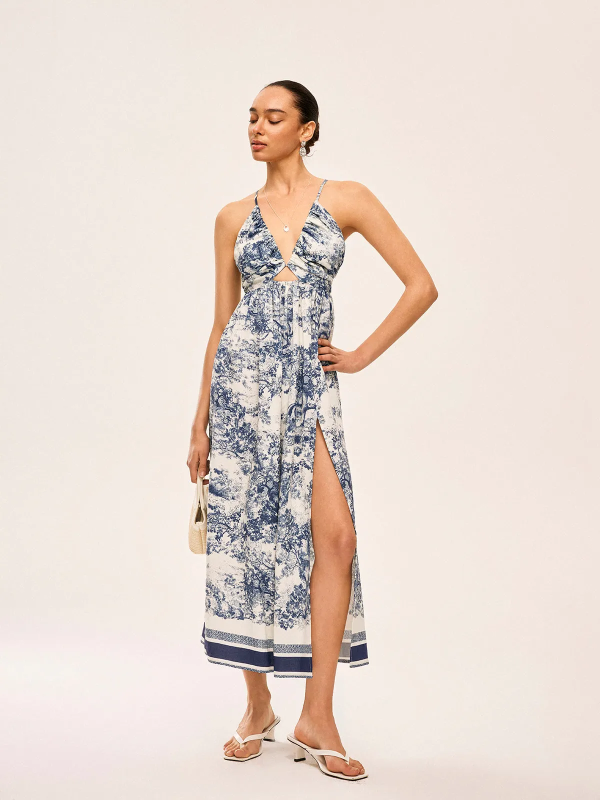 Printed Contrast Trim Knotted Spilt Dress sold by COMMENSE product image thumbnail 2