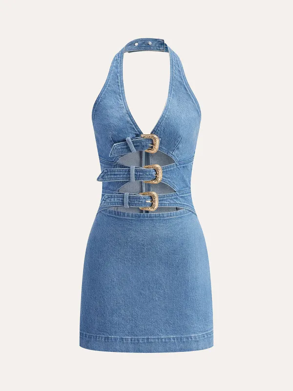 Halter Neck Buckle Detail Denim Dress sold by COMMENSE