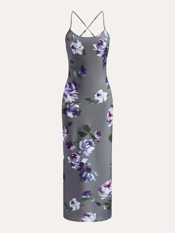 Satin Floral Print Side-Slit Dress sold by COMMENSE
