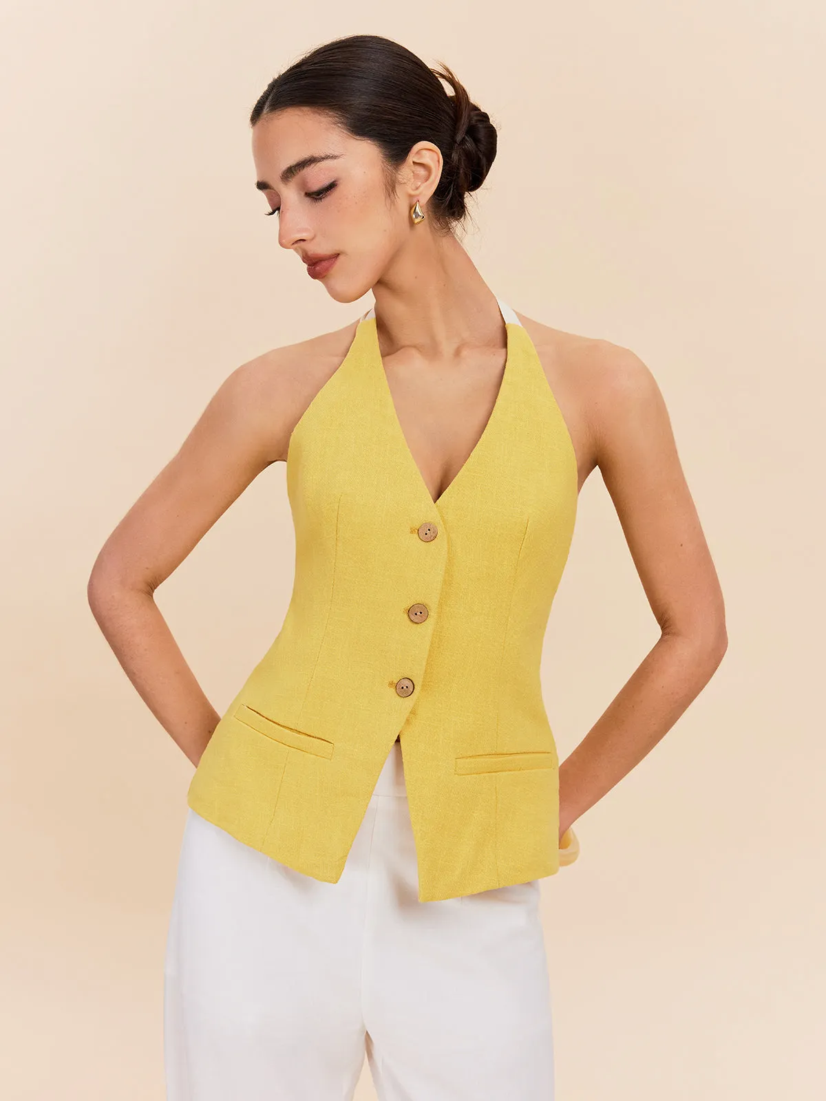 Cotton & Linen Halter Top With Decor Pocket sold by COMMENSE product image thumbnail 4