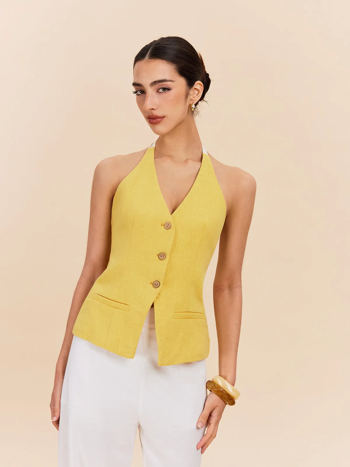 Cotton & Linen Halter Top With Decor Pocket sold by COMMENSE product image thumbnail 2