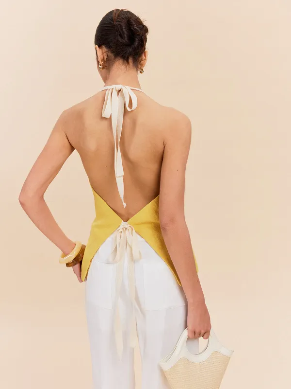 Cotton & Linen Halter Top With Decor Pocket sold by COMMENSE