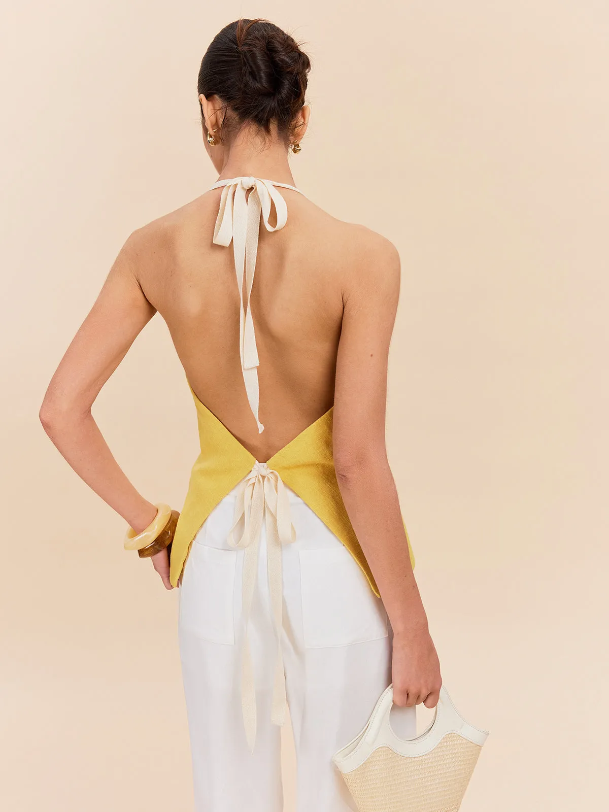 Cotton & Linen Halter Top With Decor Pocket sold by COMMENSE