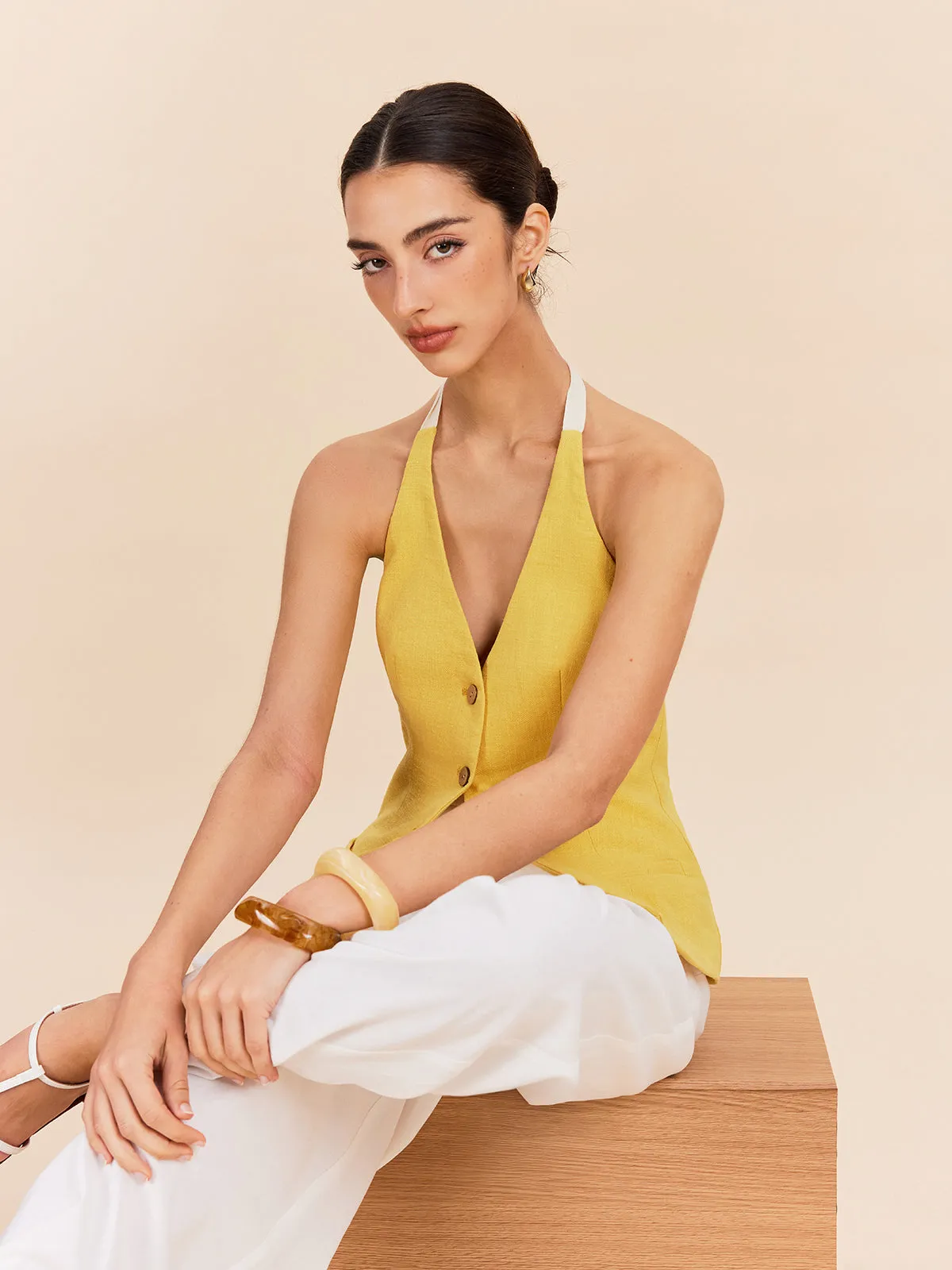 Cotton & Linen Halter Top With Decor Pocket sold by COMMENSE product image thumbnail 3