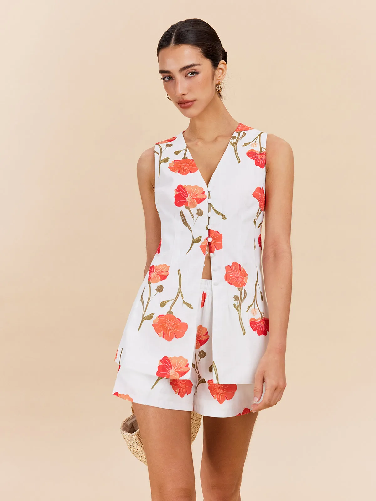 Floral Button-Front Shorts Set sold by COMMENSE product image thumbnail 3