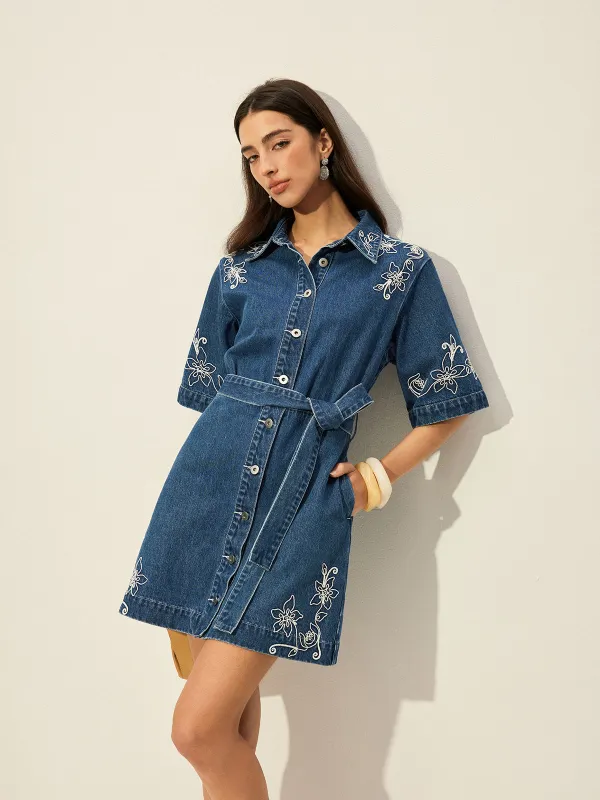 Embroidered Denim Shirt Dress With Belt sold by COMMENSE